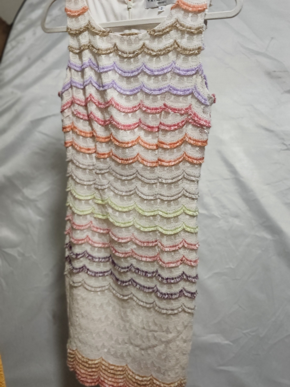 Trina Turk Cream Crochet Dress with Pastel Scallop Trim